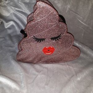 Pink Sparkly poop emoji purse with kissy face